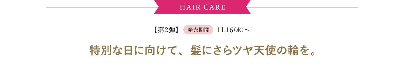 HAIR CARE|【第2弾】予約期間:10.26(水)～|発売期間:11.16(水)～|特別な日に向けて、髪にさらツヤ天使の輪を。