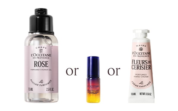 ローズ パフュームド シャワージェル 75mL または イモーテル オーバーナイトリセットセラム 5mL または フルールドスリジエサクラ パフュームド ハンドクリーム 10mL