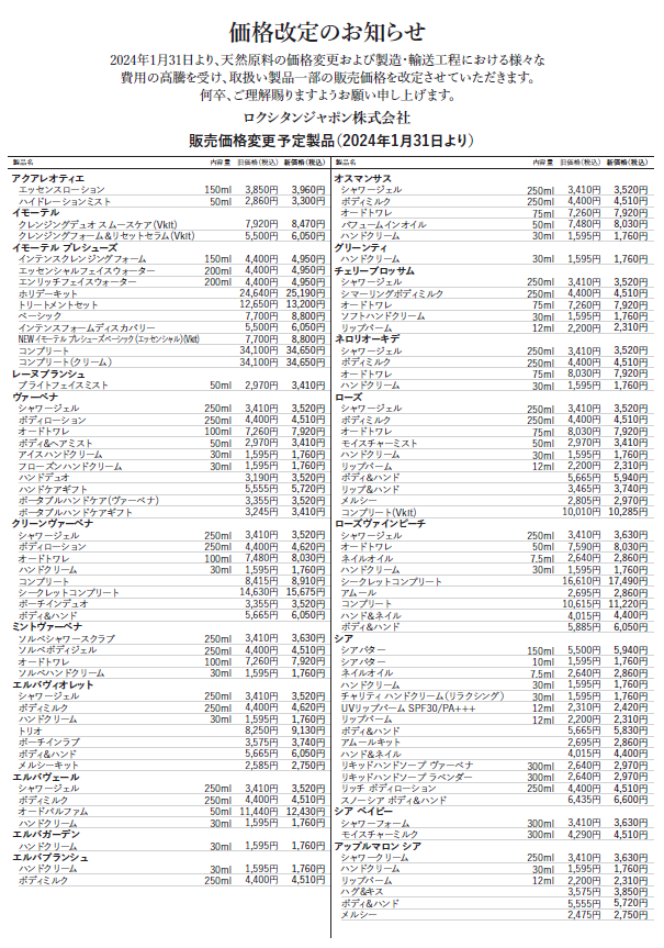 価格改定のお知らせ｜ロクシタン公式通販